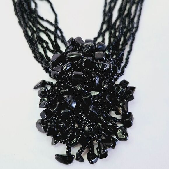 Vintage Seed Beaded Multi Strand Cluster Black Onyx Statement Collar Necklace - Picture 3 of 10
